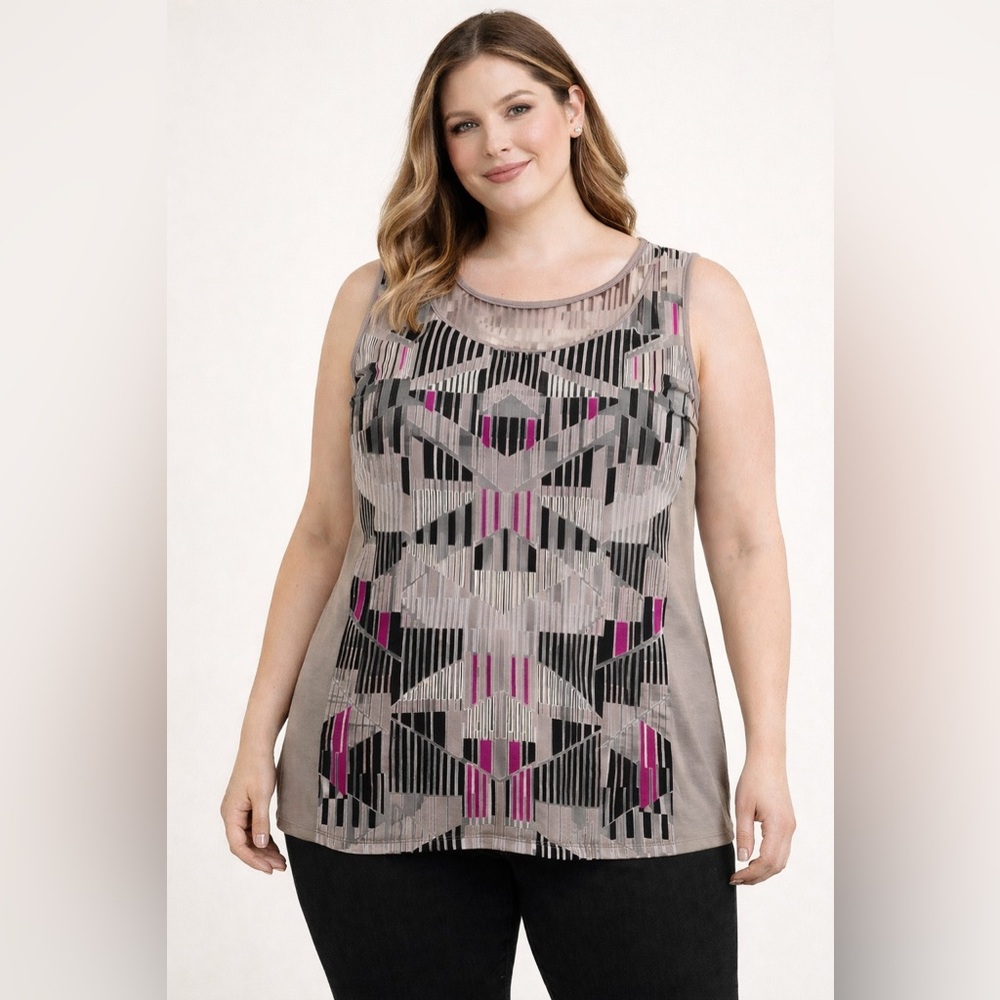 Worthington XL Geometric Sleeveless Blouse Taupe Pink Black Career Top